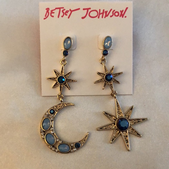 Betsey Johnson Gold Tone Celestial Star & Moon Mismatch Drop Earrings Blue NWT - Picture 2 of 10
